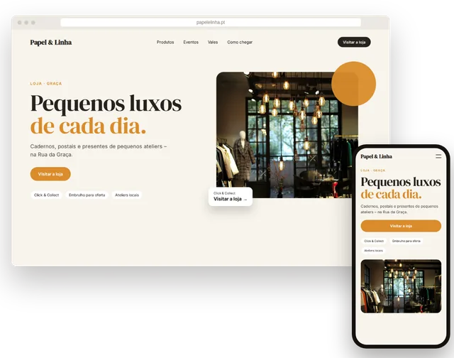 Site de exemplo de uma loja independente com produtos e horário num portátil e num telemóvel