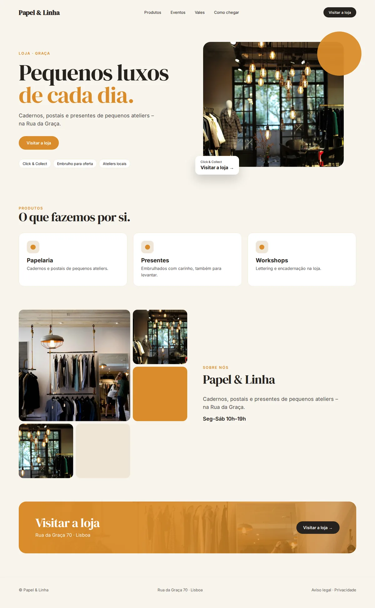 Site de exemplo completo para lojas e comércio local no computador: Papel & Linha
