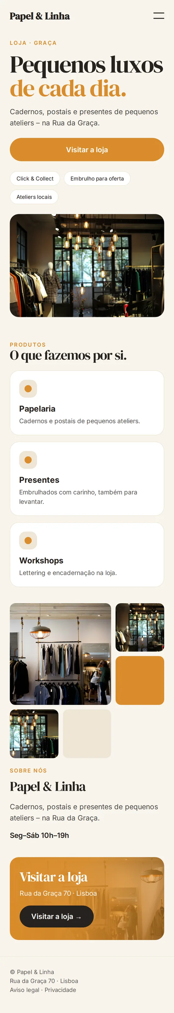 Versão para telemóvel do site de exemplo para lojas e comércio local