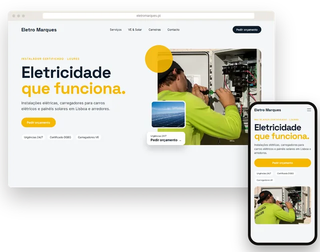 Site de exemplo de um eletricista com serviços e botão de chamada num portátil e num telemóvel
