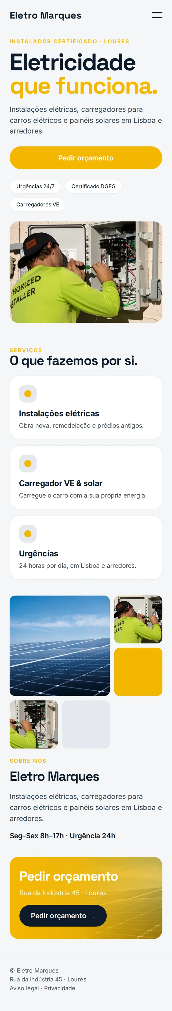 Versão para telemóvel do site de exemplo para eletricistas
