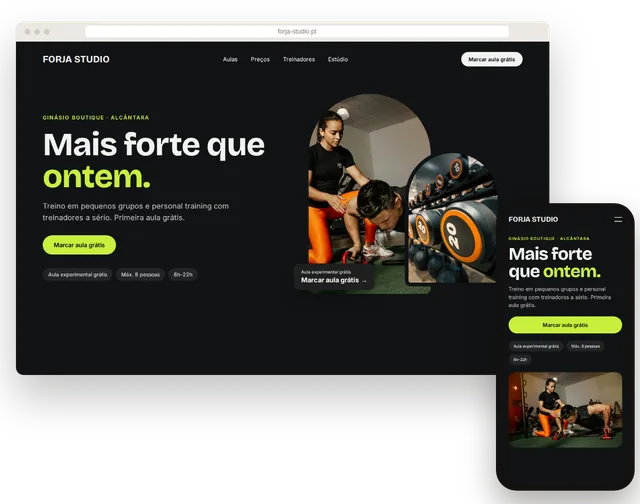 Site de exemplo de um ginásio com horário de aulas e botão de aula experimental num portátil e num telemóvel