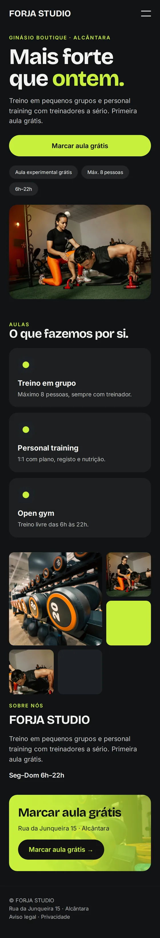Versão para telemóvel do site de exemplo para ginásios e personal trainers