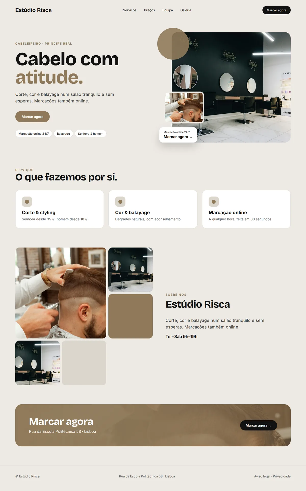Site de exemplo completo para cabeleireiros e barbearias no computador: Estúdio Risca