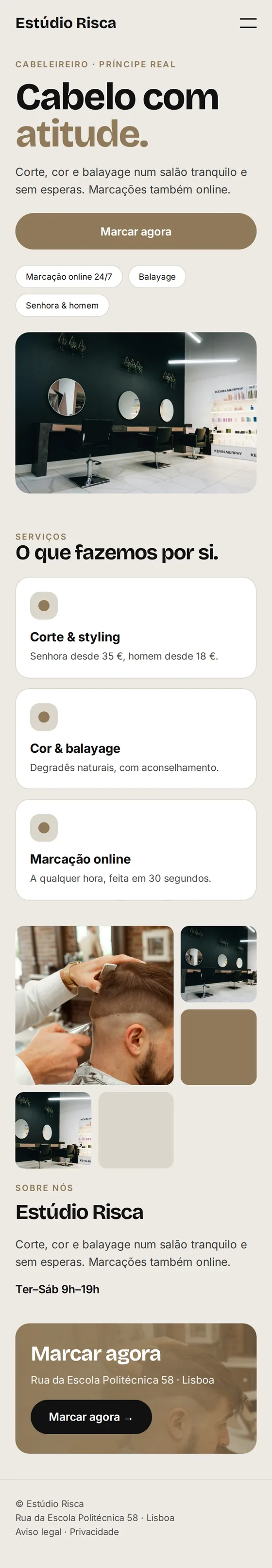 Versão para telemóvel do site de exemplo para cabeleireiros e barbearias