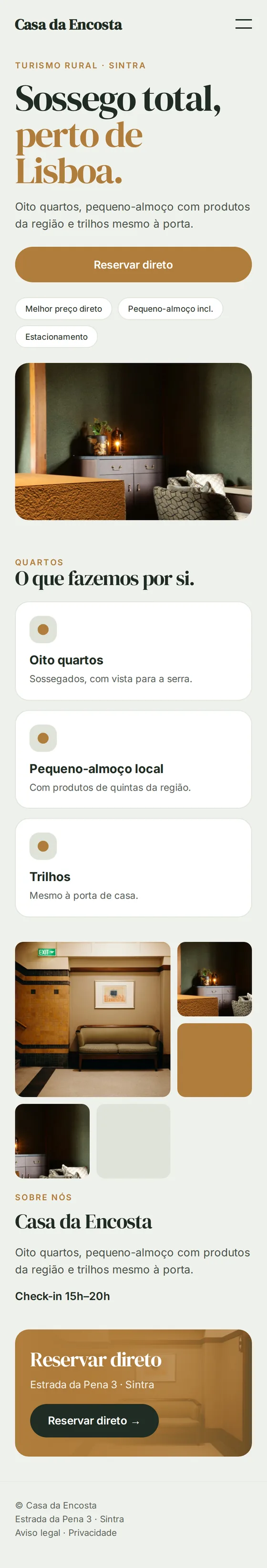 Versão para telemóvel do site de exemplo para alojamento local, guest houses e hotéis