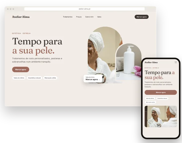 Site de exemplo de um centro de estética com tratamentos e botão de marcação num portátil e num telemóvel