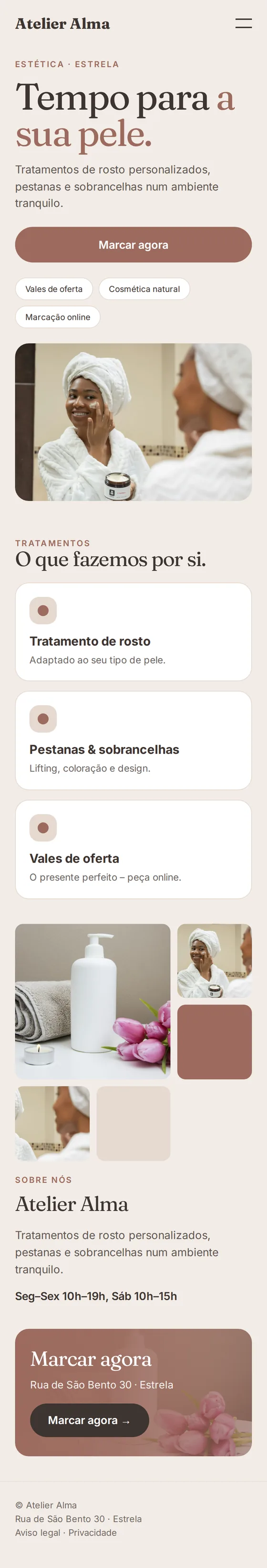 Versão para telemóvel do site de exemplo para centros de estética