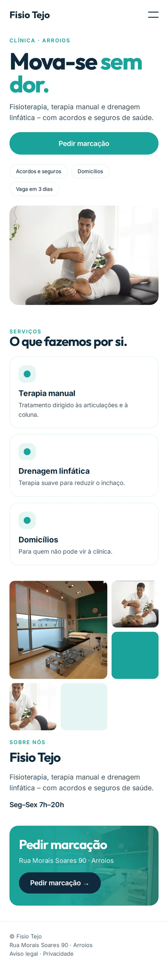 Versão para telemóvel do site de exemplo para clínicas de fisioterapia