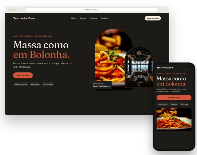 Site de exemplo de um restaurante com menu e botão de reserva num portátil e num telemóvel