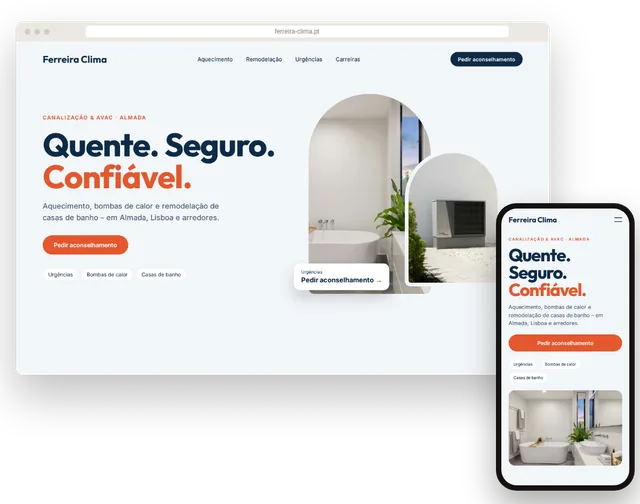 Site de exemplo de uma empresa de canalização e aquecimento com botão de urgência num portátil e num telemóvel