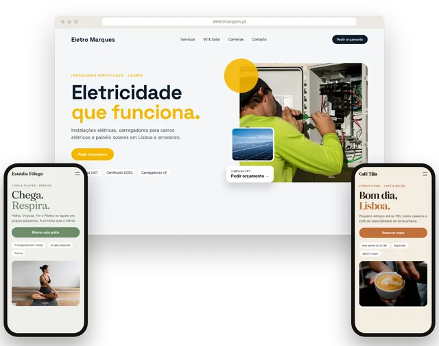 Sites de exemplo de negócios lisboetas num portátil e num telemóvel