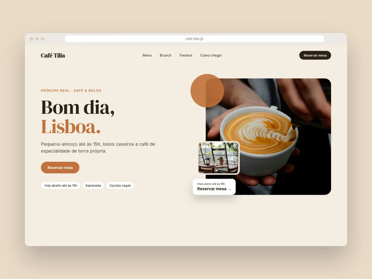 Design de site para o Café Tília em Lisboa, com o título “Bom dia, Lisboa.” e botão para reservar mesa