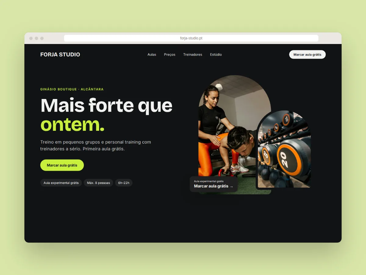 Design de site para o ginásio boutique FORJA STUDIO, com o título “Mais forte que ontem.”