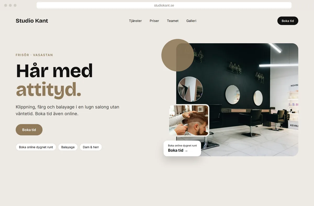 Modern hemsida för frisören Studio Kant i Vasastan med tydligt budskap och onlinebokning