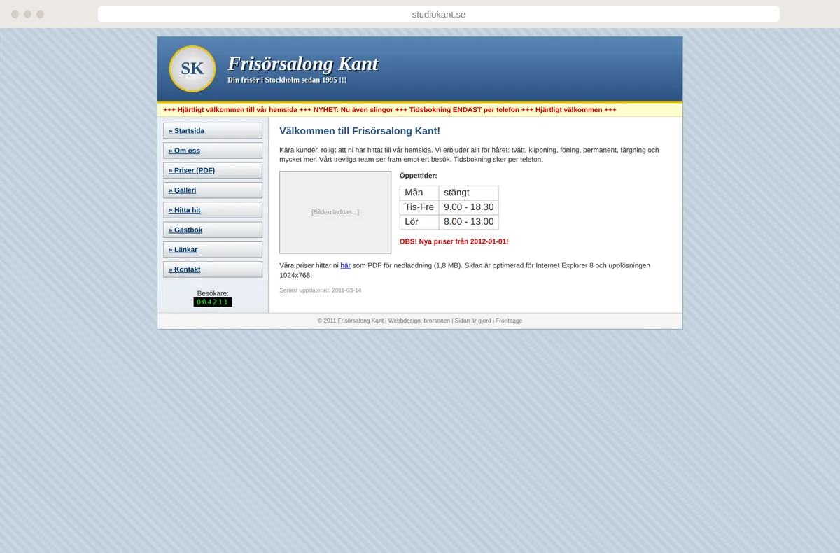 Föråldrad hemsida från 2011 för Frisörsalong Kant med besöksräknare, rullande text och prislista som PDF