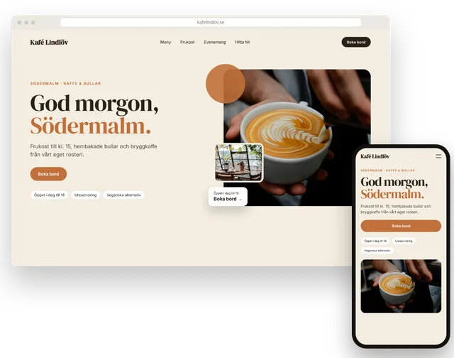 Exempelhemsida för ett kafé med meny och öppettider på dator och mobil