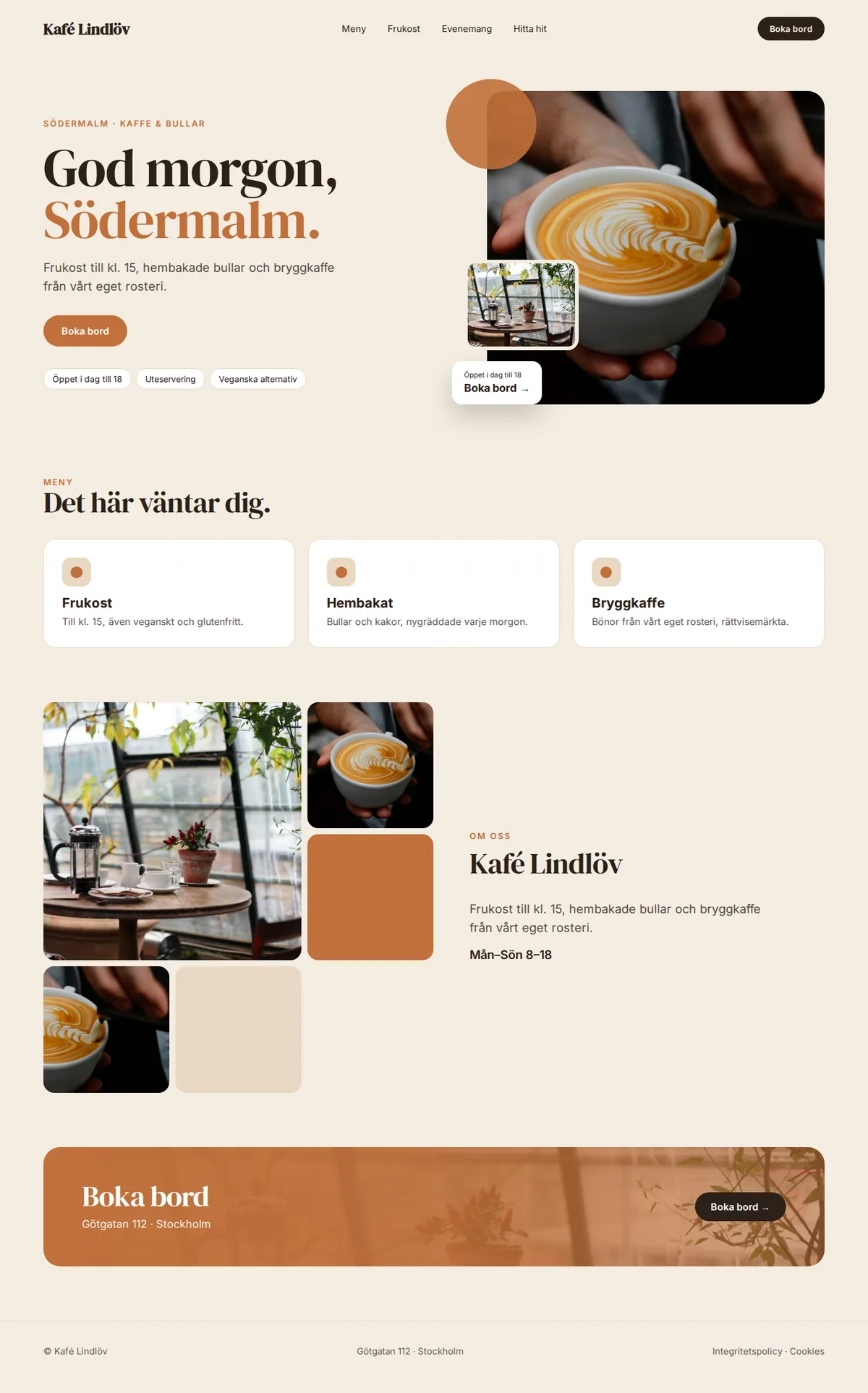 Komplett exempelhemsida för kaféer på datorn: Kafé Lindlöv