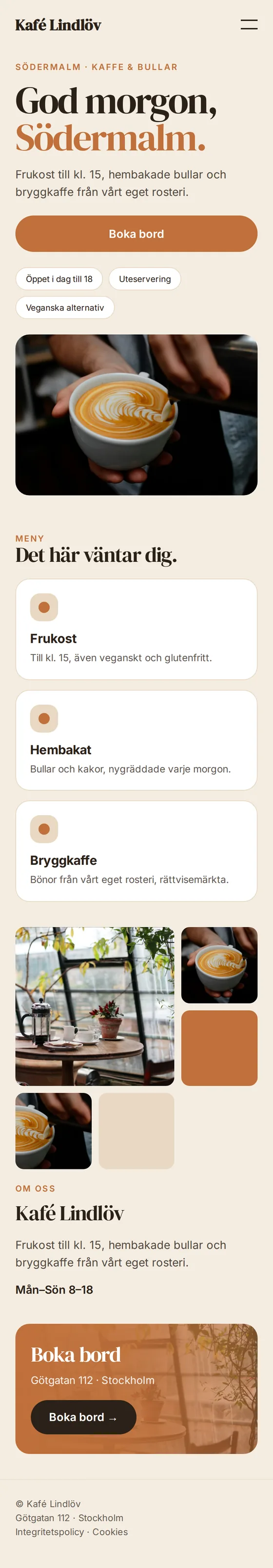 Mobilvy av exempelhemsidan för kaféer