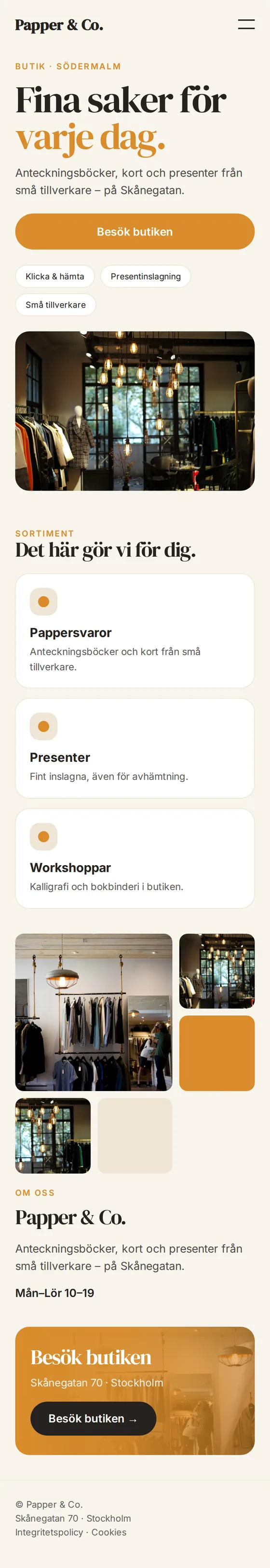 Mobilvy av exempelhemsidan för butiker