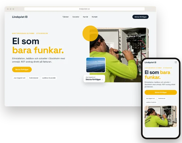 Exempelhemsida för en elfirma med tjänster och förfrågan på dator och mobil