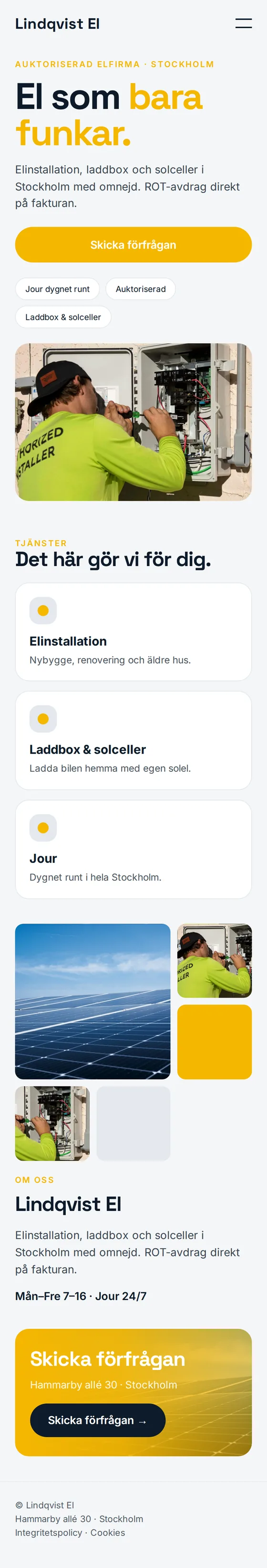 Mobilvy av exempelhemsidan för elektriker