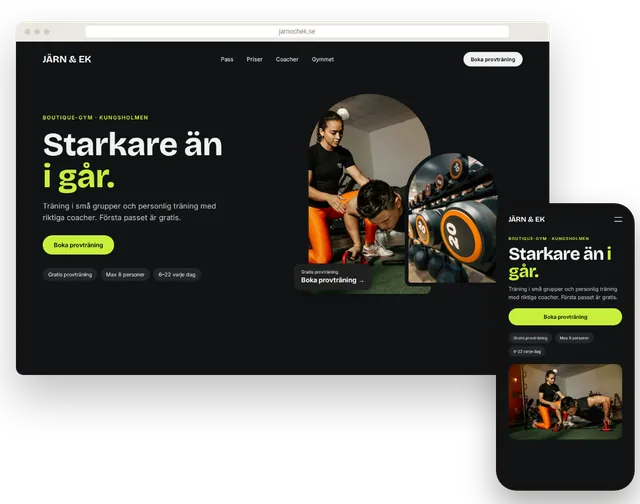 Exempelhemsida för ett gym med schema och provträning på dator och mobil