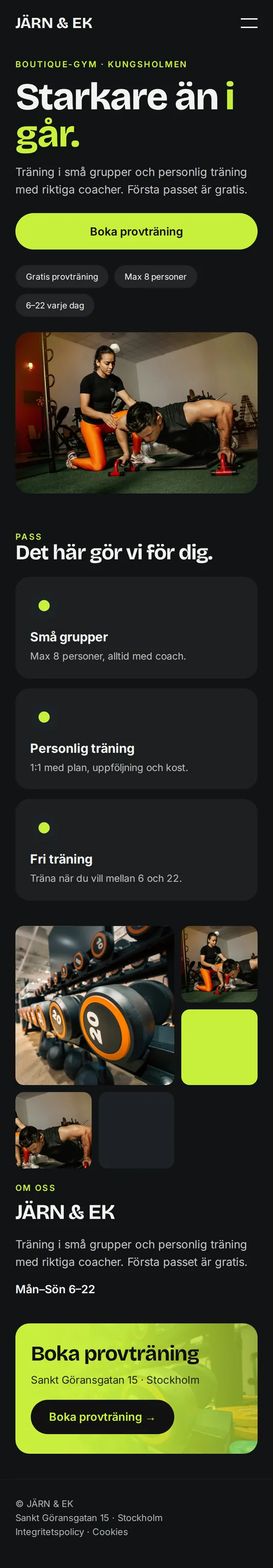 Mobilvy av exempelhemsidan för gym och personliga tränare