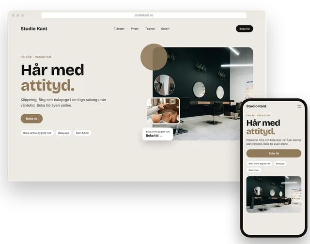 Exempelhemsida för en frisörsalong med prislista och onlinebokning på dator och mobil