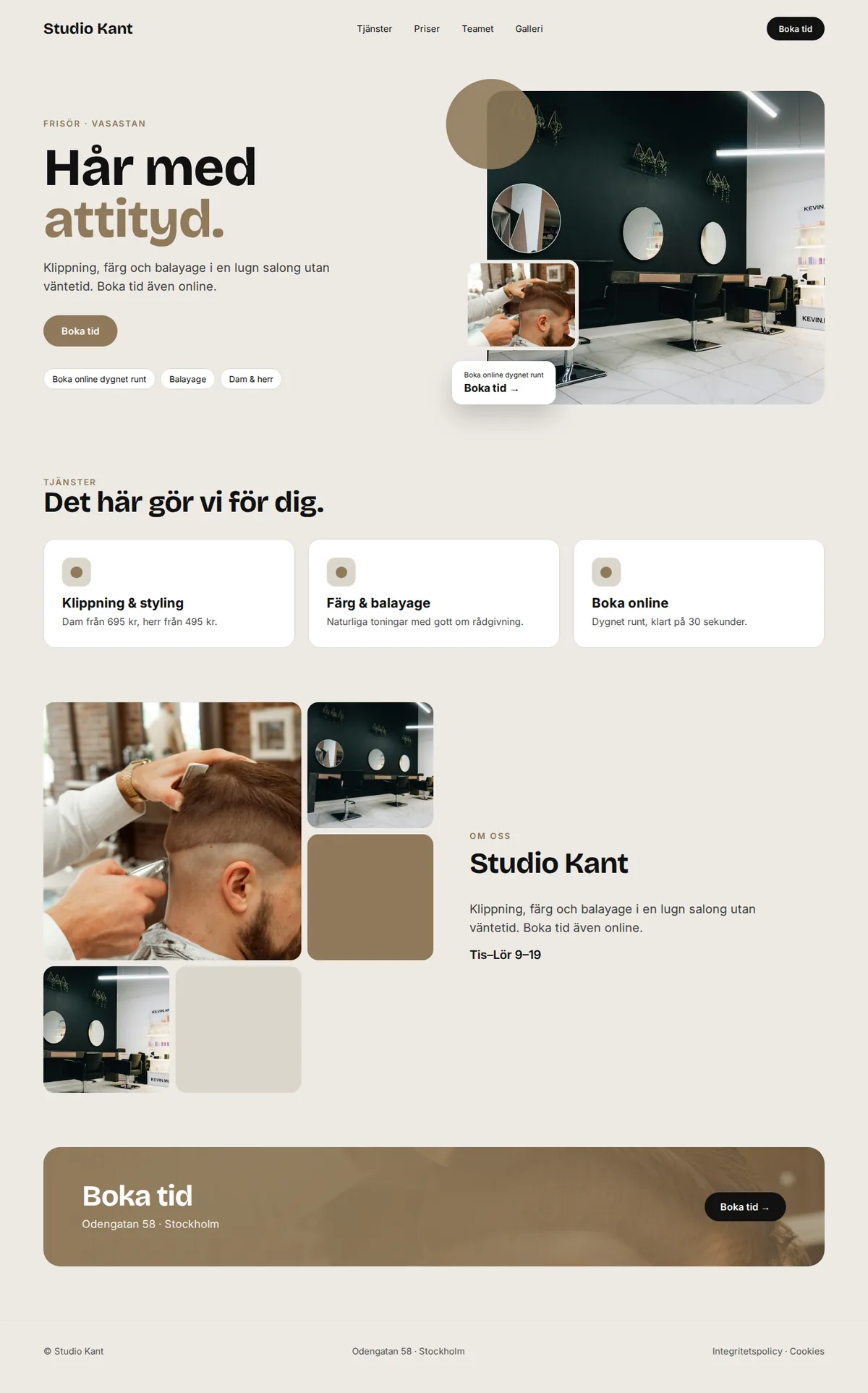 Komplett exempelhemsida för frisörer på datorn: Studio Kant