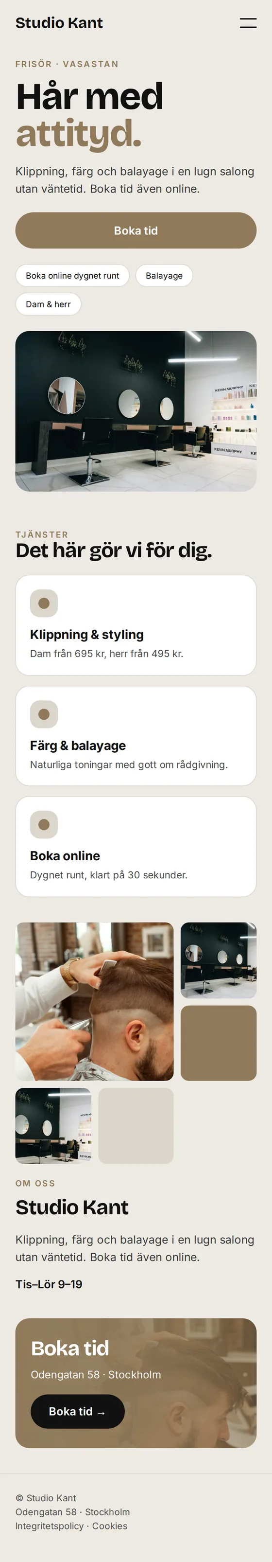 Mobilvy av exempelhemsidan för frisörer