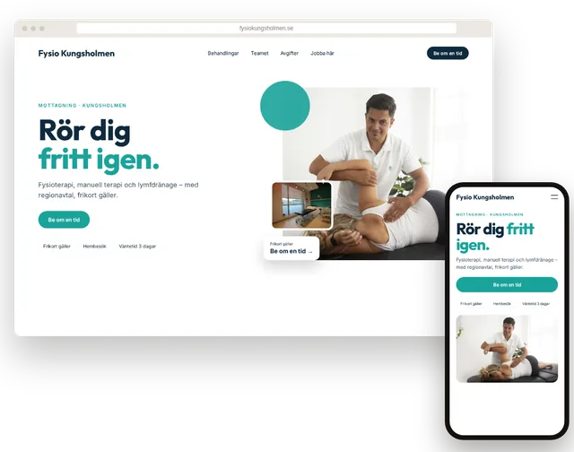 Exempelhemsida för en fysioterapimottagning med behandlingar och tidsbokning på dator och mobil