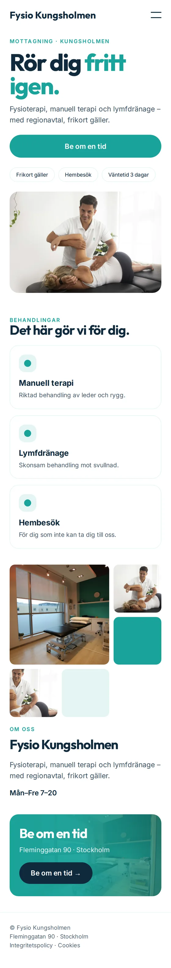 Mobilvy av exempelhemsidan för fysioterapeuter