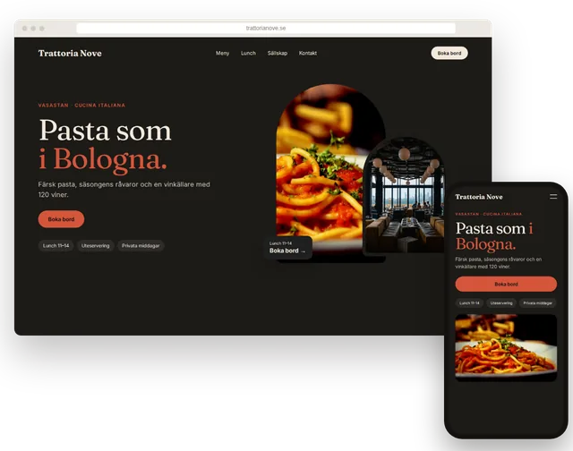 Exempelhemsida för en restaurang med meny och bordsbokning på dator och mobil