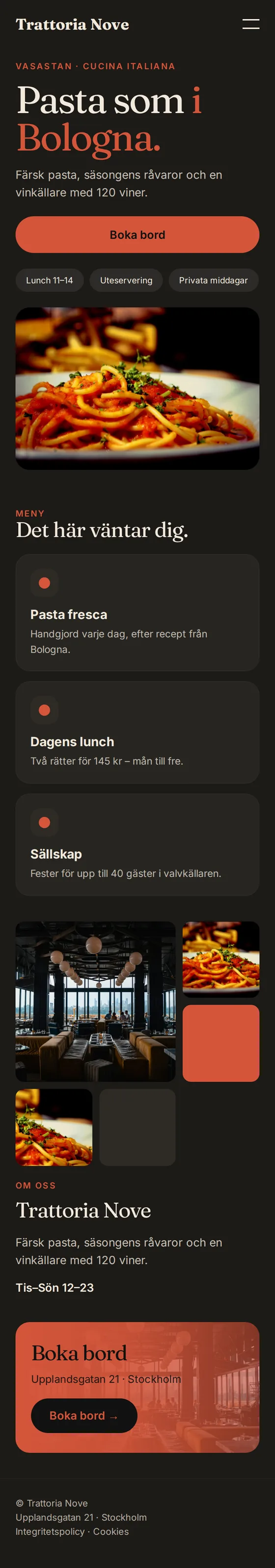 Mobilvy av exempelhemsidan för Trattoria Nove