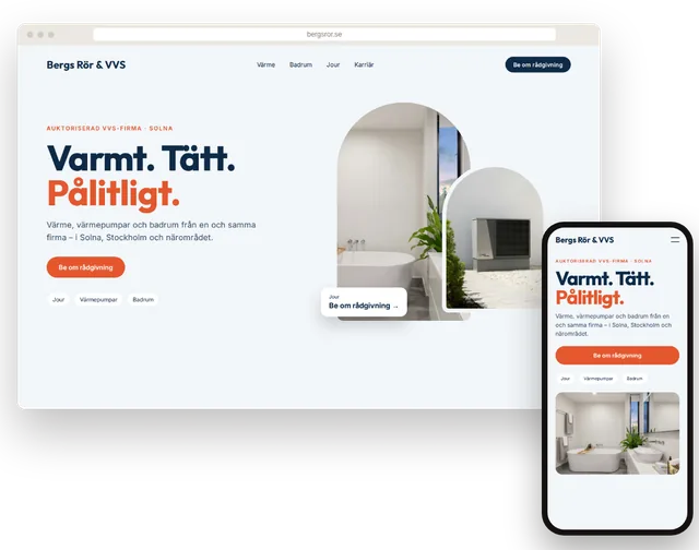 Exempelhemsida för en VVS-firma med jour och tjänster på dator och mobil