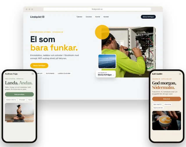 Exempelhemsidor för en nagelsalong på en laptop och ett kafé på en mobil