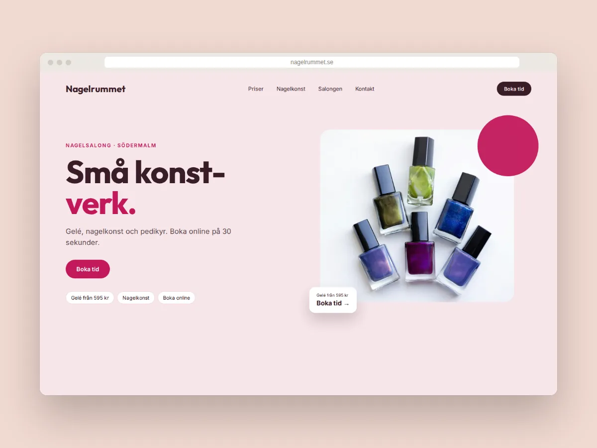 Hemsida för nagelsalongen Nagelrummet på Södermalm med onlinebokning