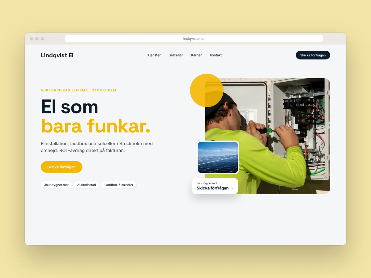 Hemsida för elfirman Lindqvist El i Stockholm med jour dygnet runt