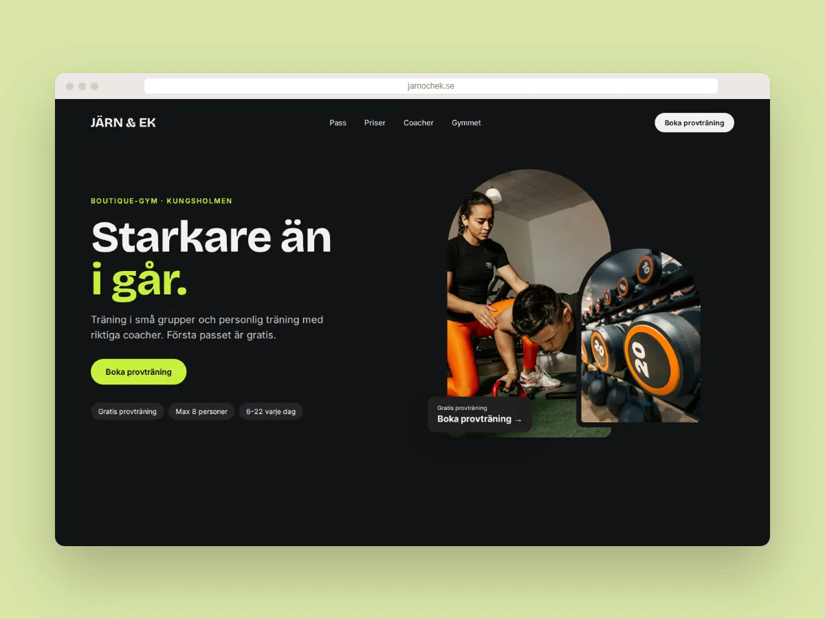 Hemsida för boutique-gymmet JÄRN & EK på Kungsholmen