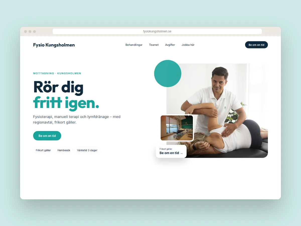 Hemsida för fysioterapimottagningen Fysio Kungsholmen